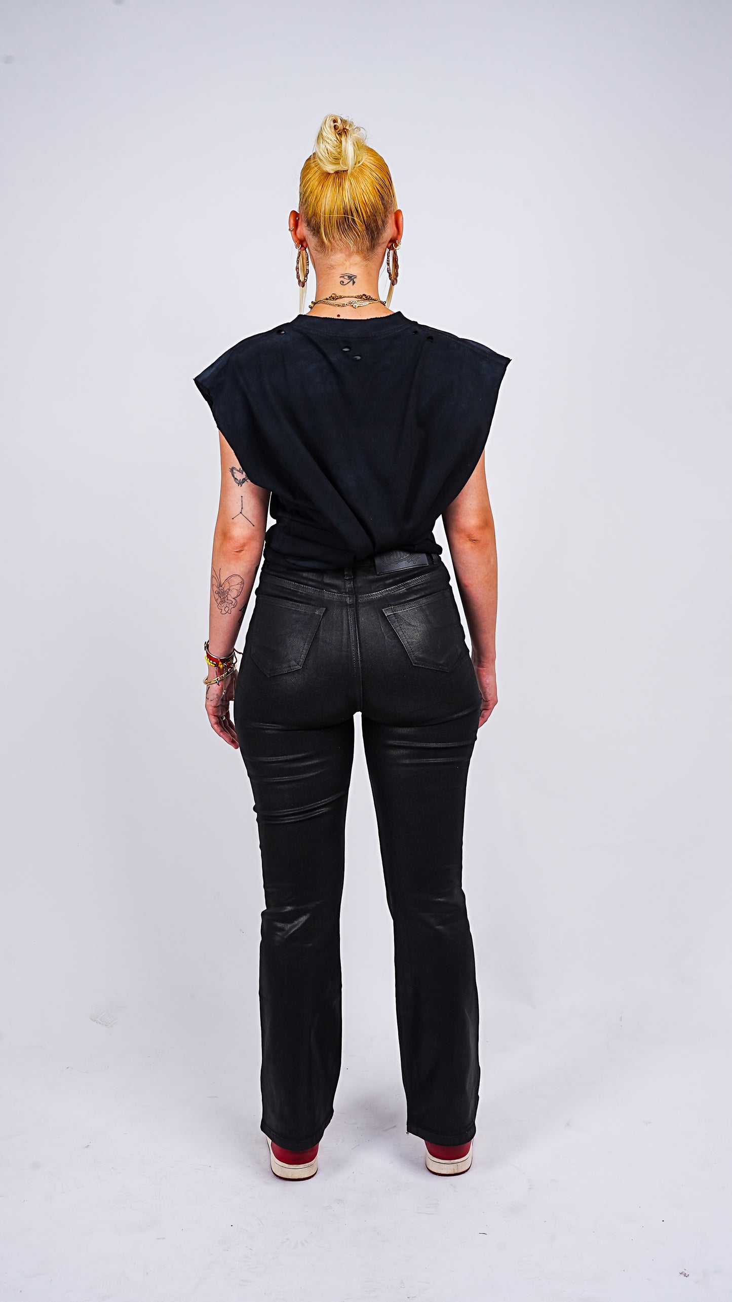 Women's Black Waxed Stacked Flared Denim Jeans