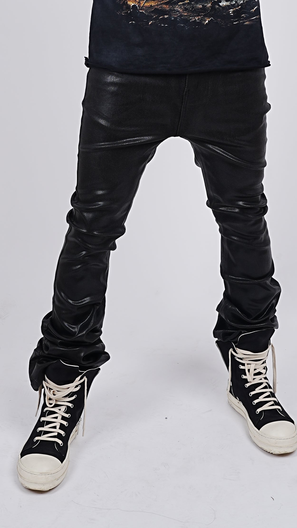 Black Waxed Stacked Flared Denim Jeans
