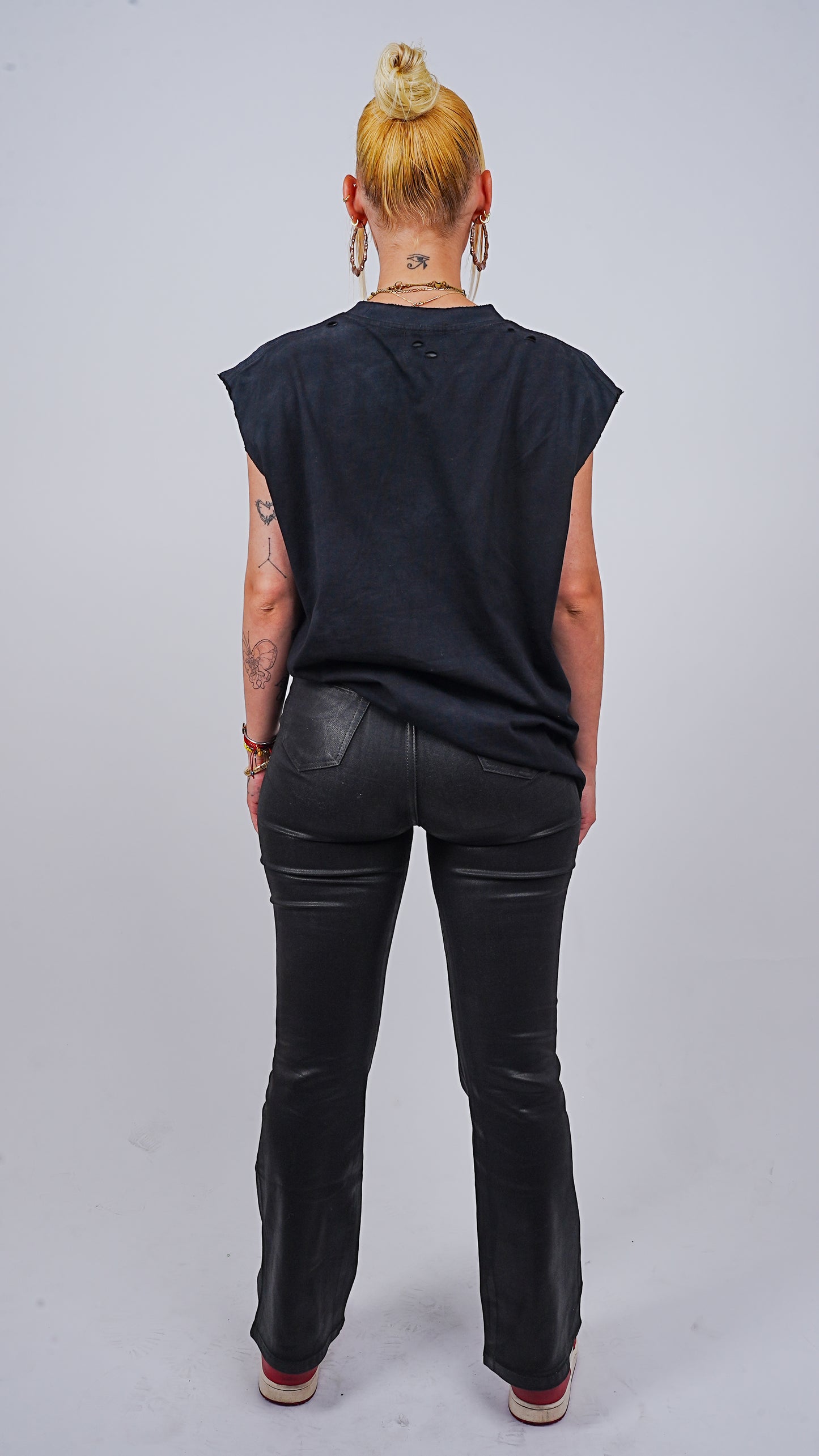 Women's Black Waxed Stacked Flared Denim Jeans