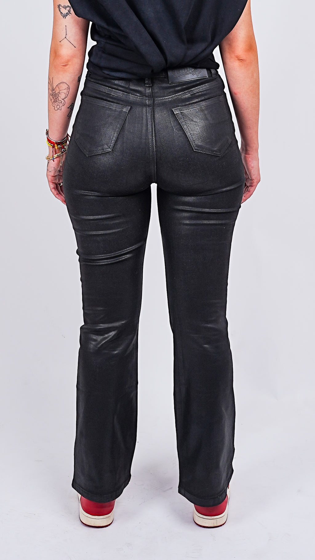 Women's Black Waxed Stacked Flared Denim Jeans