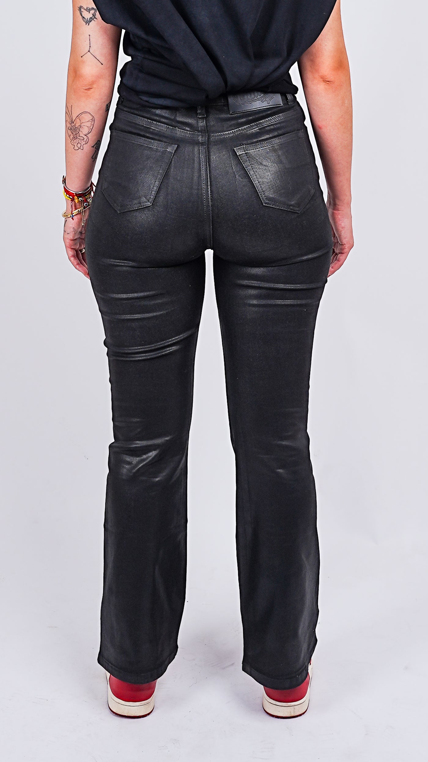 Women's Black Waxed Stacked Flared Denim Jeans