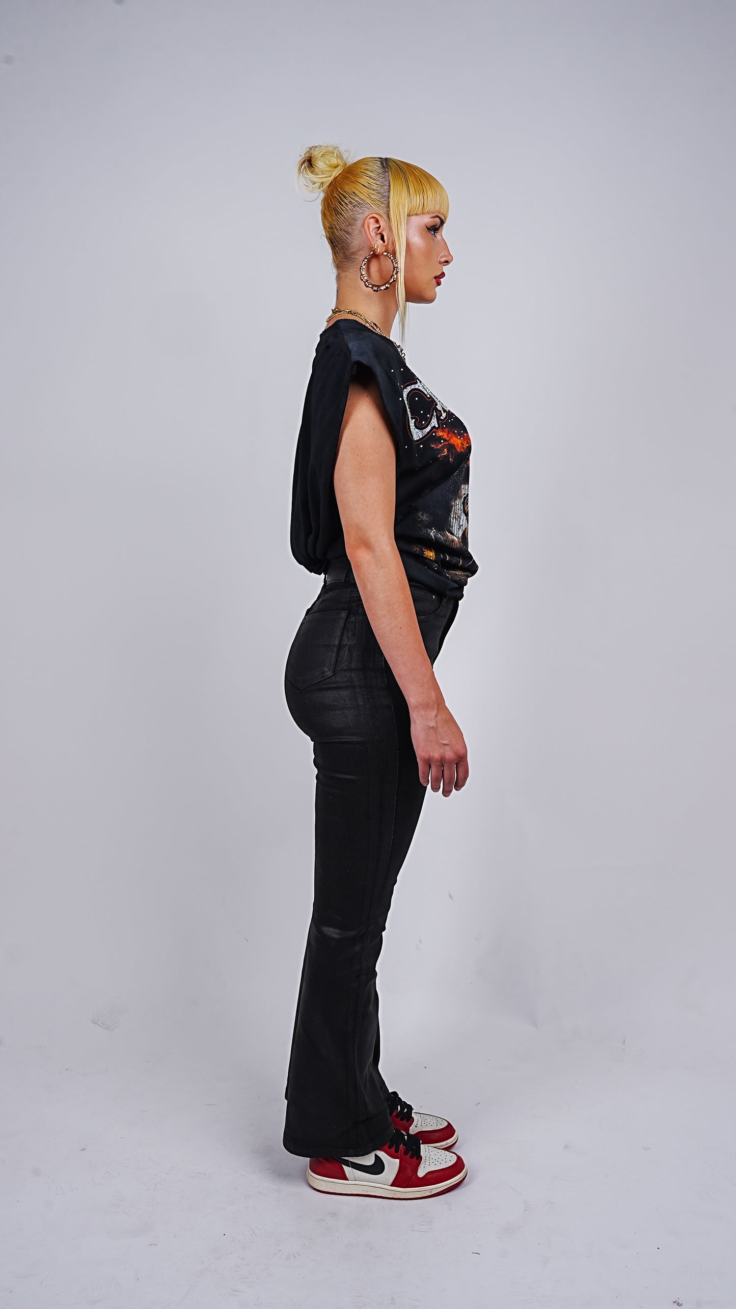 Women's Black Waxed Stacked Flared Denim Jeans