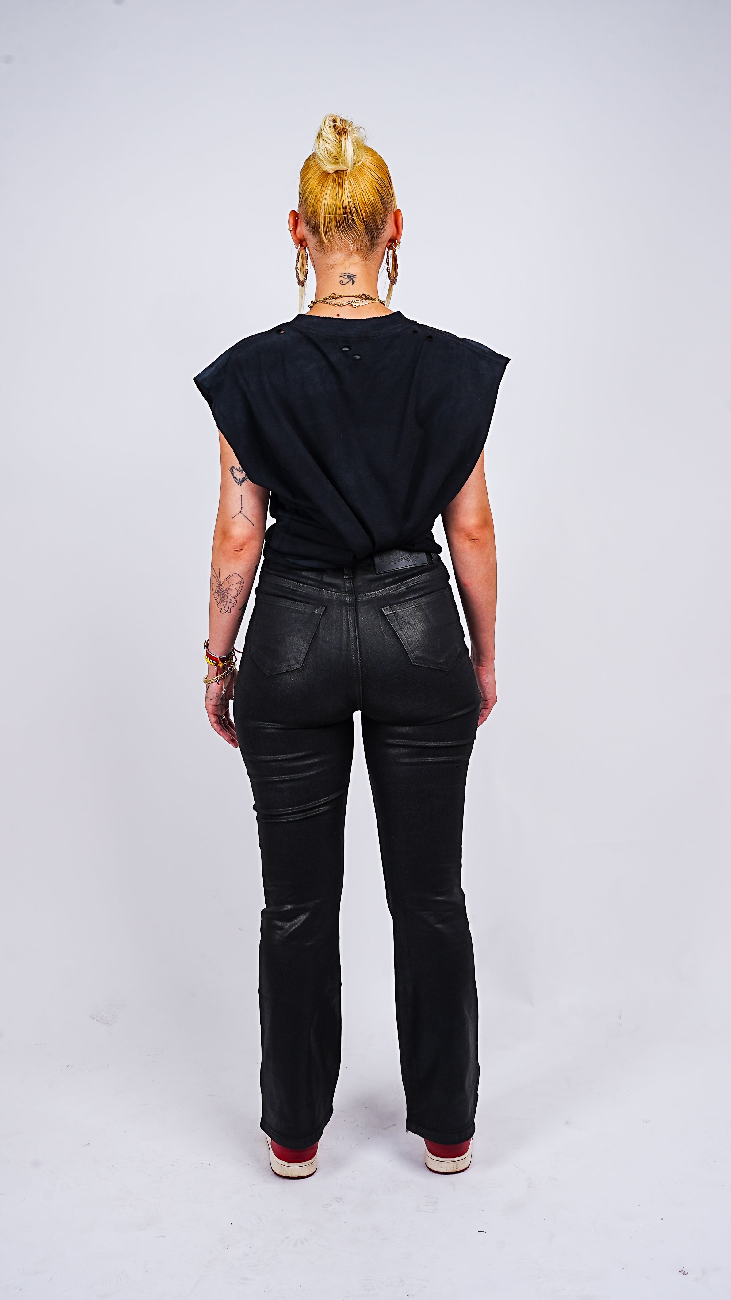 Women's Black Waxed Stacked Flared Denim Jeans