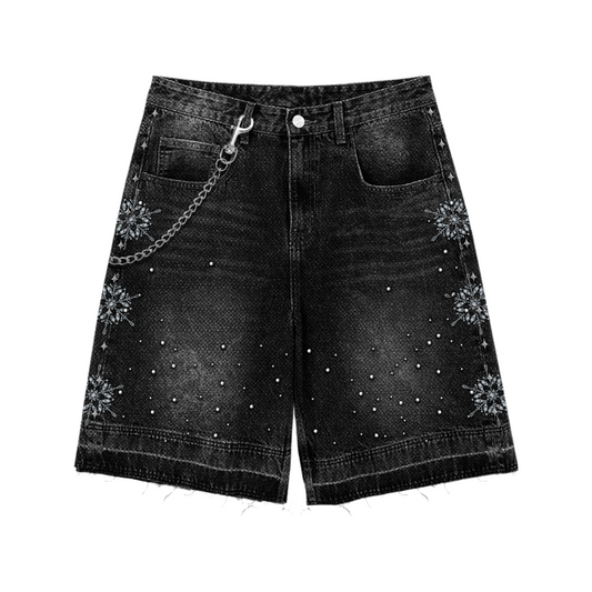 CALIEF Black Acid Wash Rhine Stone Shorts